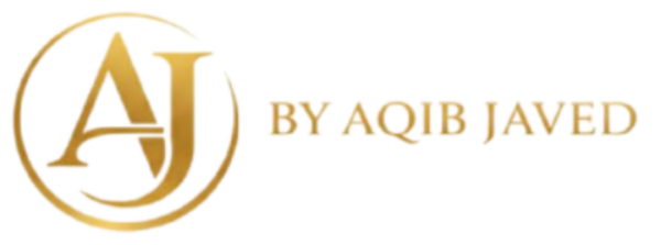 Gold logo with 'AJ' initials and 'by Aqib Javed' text on a white background